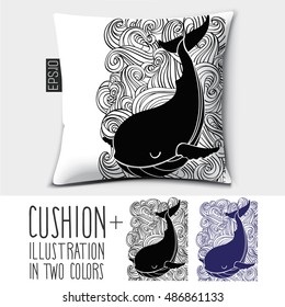 Design vector pillow (cushion).
Isolated pillow with illustration whale in two colors.