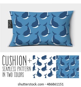 Design vector pillow (cushion).
Isolated pillow with illustration whale in two colors.