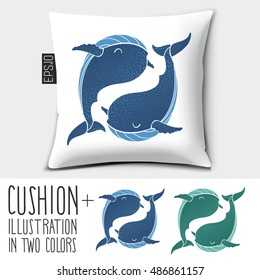 Design vector pillow (cushion).
Isolated pillow with illustration whale in two colors.