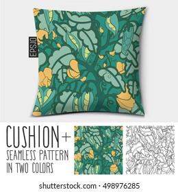 Design vector pillow (cushion).

Isolated pillow with seamless pattern peas in a pod (vegetables). in two colors.