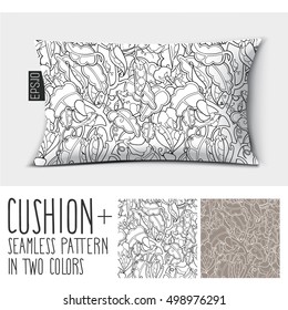 Design vector pillow (cushion). Isolated pillow with seamless pattern peas in a pod (vegetables). in two colors.