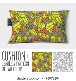 Design vector pillow (cushion). Isolated pillow with seamless pattern peas in a pod (vegetables). in two colors.