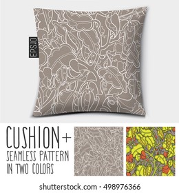 Design vector pillow (cushion). Isolated pillow with seamless pattern peas in a pod (vegetables). in two colors.










