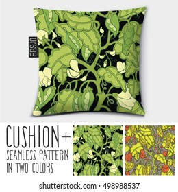 Design vector pillow (cushion).

Isolated pillow with seamless pattern peas in a pod (vegetables). in two colors.