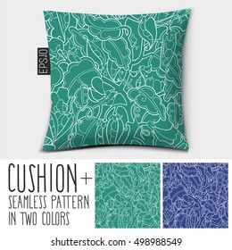 Design vector pillow (cushion).

Isolated pillow with seamless pattern peas in a pod (vegetables). in two colors.