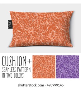 Design vector pillow (cushion).
Isolated pillow with seamless pattern peas in a pod (vegetables). in two colors.