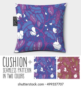 Design vector pillow (cushion).

Isolated pillow with seamless pattern peas in a pod (vegetables). in two colors.