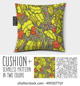 Design vector pillow (cushion).Isolated pillow with seamless pattern peas in a pod (vegetables). in two colors.