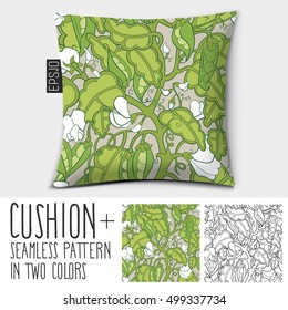 Design vector pillow (cushion).

Isolated pillow with seamless pattern peas in a pod (vegetables). in two colors.