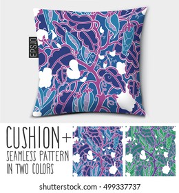 Design vector pillow (cushion).
Isolated pillow with seamless pattern peas in a pod (vegetables). in two colors.