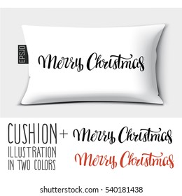 Design vector pillow (cushion) with Merry Christmas Lettering.
Isolated pillow with illustration in two colors.