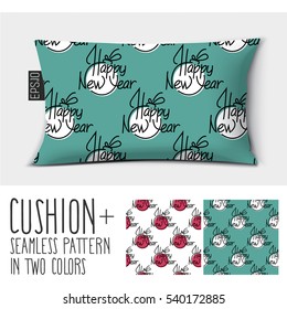 Design vector pillow (cushion) with pattern text design of happy new year.
Isolated pillow with seamless pattern. in two colors.