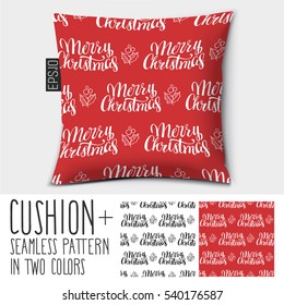 Design vector pillow (cushion) with pattern text design of Merry Christmas Lettering.
Isolated pillow with seamless pattern. in two colors.
