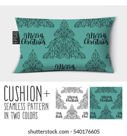 Design vector pillow (cushion) with pattern text design of Merry Christmas Lettering.
Isolated pillow with seamless pattern. in two colors.