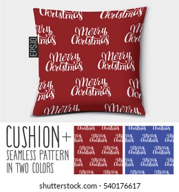 Design vector pillow (cushion) with pattern text design of Merry Christmas Lettering.
Isolated pillow with seamless pattern. in two colors.