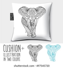 Design vector pillow (cushion).Isolated pillow with illustration Cute decorative Elephant in two colors.