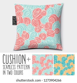 Design vector pillow (cushion).Pillow home decor and luxurious sleep.

Isolated pillow with seamless pattern in the form of circles, balls, spirals, whirlpools and curls in two colors. 