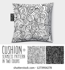 Design vector pillow (cushion).Pillow home decor and luxurious sleep.

Isolated pillow with seamless pattern in the form of circles, balls, spirals, whirlpools and curls in two colors. 