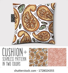 Design vector pillow (cushion).Seamless tropical fruits pattern "Citrus cucumbers"
Isolated pillow with seamless pattern paisley ornament in two colors.
