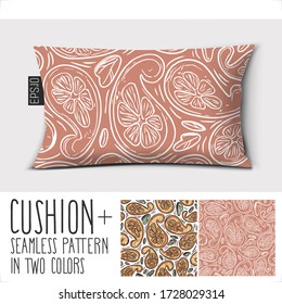 Design vector pillow (cushion).Seamless tropical fruits pattern "Citrus cucumbers"
Isolated long pillow with seamless pattern paisley ornament in two colors.
