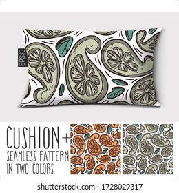 Design vector pillow (cushion).Seamless tropical fruits pattern "Citrus cucumbers"
Isolated long pillow with seamless pattern paisley ornament in two colors.
