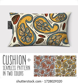 Design vector pillow (cushion).Seamless tropical fruits pattern "Citrus cucumbers"
Isolated long pillow with seamless pattern paisley ornament in two colors.
