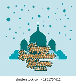 design vector Ramadan Kareem islamic greeting banner background with arabic and latin typography line mosque illustration