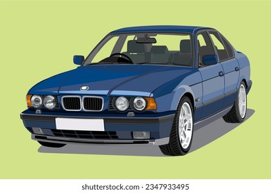 Design Vector of Realistic Blue Sedan with Rear View on Isolated Green Background.