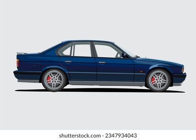 Design Vector of Realistic Blue Sedan in Side View with Gray Background.