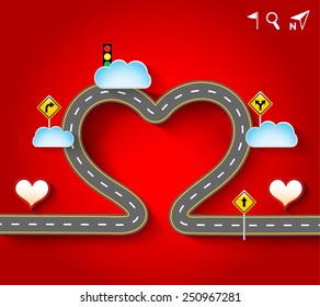 Design vector road in form heart and clouds   traffic signs  Romantic background and concept travel  Greeting card Valentines Day  Vector Illustration EPS 10 