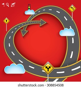 Design vector road in form of heart with clouds and traffic signs. Romantic background with concept of travel, Greeting card Valentines Day, Vector Illustration EPS 10.