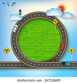 Design vector road frame with car and traffic signs on green grass. Concept of travel, Vector Template Background, Illustration EPS 10.