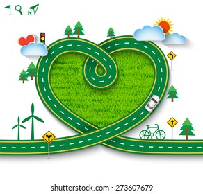 Design vector road frame in form of heart with car and traffic signs on green grass. Greeting card Valentine's Day, Vector Illustration EPS 10.