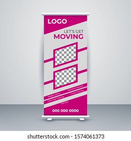 Design of a vector roll-up banner with diagonal and triangular elements and a place for photos. Template for sports, gym, personal trainer promotion banner.