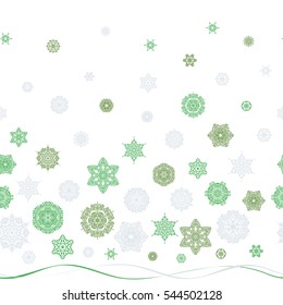 Design. Vector seamless pattern on white background for Christmas. Decorative green and gray snowflakes pattern.
