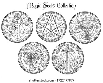 Design vector set with black and white magic seals and mystic symbols. Halloween line art illustration. Esoteric, occult and gothic background, fantasy tattoo and t-shirt print. 
