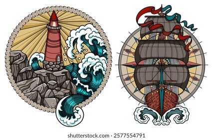 Design vector set with colorful emblems of light house with sea waves and antique sailboat with compass. Vintage transportation and old adventures concept isolated on white.