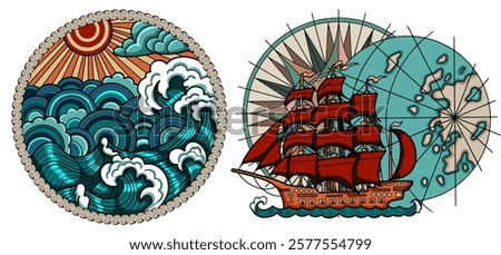 Design vector set with colorful emblems of stormy weather and retro sailing ship against compass in rope frame. Vintage transportation and old adventures concept isolated on white.
