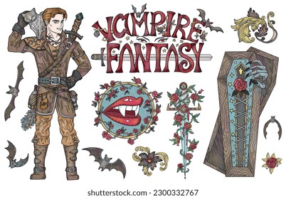 Design vector set with colorful fantasy illustrations of vampire hunter, coffin, bats and old victorian decorations. Halloween collection with gothic and esoteric symbols.