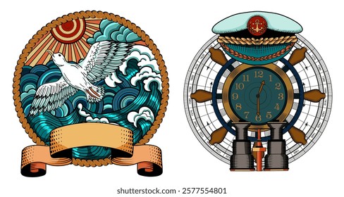 Design vector set with colorful illustration of gull flying against sea waves and emblem of steering wheel with cap and compass. Vintage transportation and old adventures concept isolated on white.