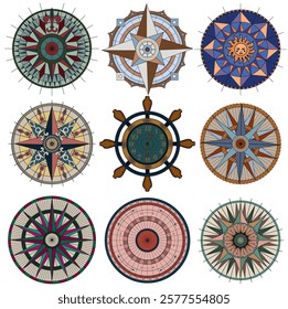 Design vector set with colorful old compasses or rose winds with decorative elements, arrows and patterns. Vintage transportation and old adventures concept isolated on white.