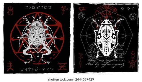 Design vector set with decorated bugs against mystic and gothic background with esoteric symbols, no foreign language, only fantasy signs. 