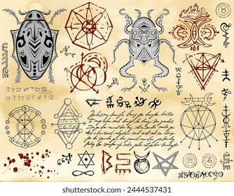 Design vector set with decorated bugs, pentagram, mystic, magic and gothic symbols against textured background, wicca concept, no foreign language, only fantasy signs. 