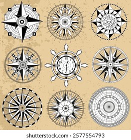 Design vector set with line art old compasses or rose winds with decorative elements, arrows and patterns. Vintage transportation and old adventures concept isolated on white.
