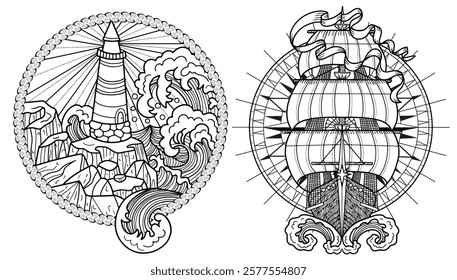 Design vector set with line art emblems of light house in storm and antique sailboat with compass. Vintage transportation and old adventures concept isolated on white.