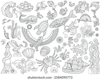 Conjunto de Vector de diseño con ilustraciones de doodle de arte lineal de peces, aves marinas y animales, barcos, pulpos, algas y plantas. Arte del estilo del zentangle con los patrones del boho para colorear la página, decoración, tarjetas