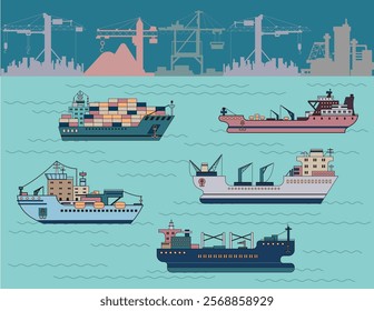 Design vector set with modern commercial ships - icebreaker, containership, bulker, tanker against background of sea and silhouettes of port cranes. Trade, business, import, export, logistics.