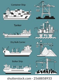 Design vector set with modern commercial ships and cargo port cranes. Trade, business, import, export, logistics concept. Line art cartoon illustration