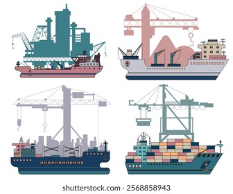 Design vector set with modern commercial ships - bulker, containership, tanker, dry cargo ship, with silhouettes of port cranes and oil platform . Trade, business, import, export, logistics.