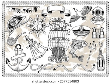 Design vector set with old sailboat, sea marine objects and symbols, antique navigational devices, vignette banners. Vintage transportation and adventures concept isolated on white.